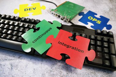 Eller klavye çıkartması DevOps 'a. Yazılım mühendisliği kültürü ve yazılım geliştirme ve işletim uygulaması için DevOps kavramı, yakın plan