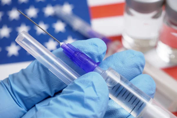 Bandera Americana Jeringas Con Vacuna Contra Coronavirus Concepto Vacuna Compra — Foto de Stock