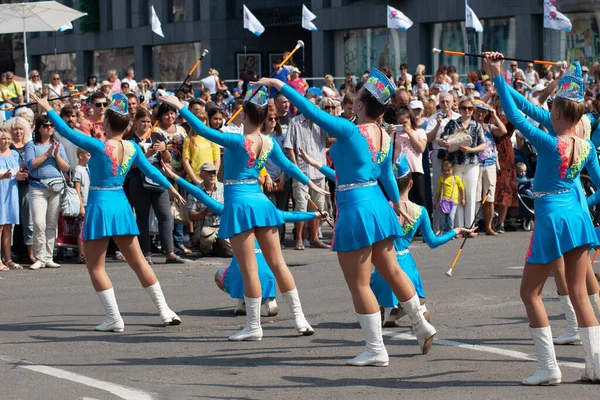 Womans Dressing Blue White Boots Garrison Cap Dancing Party Crowd — Stock Photo, Image