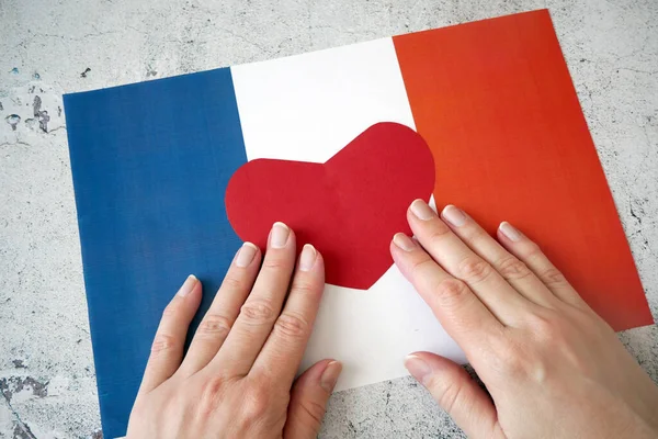 Adoro França Mãos Fundo Bandeira Franch Dia Bastilha Julho Close — Fotografia de Stock