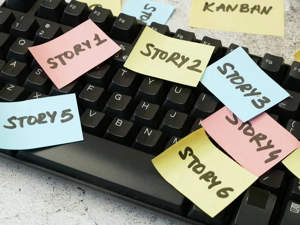 keyboard and software scrum agile board with paper task, agile software development methodologies concept, closeup