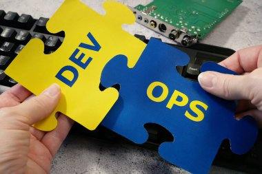Klavye çıkartması DevOps. Yazılım mühendisliği kültürü ve yazılım geliştirme ve işletim uygulaması için DevOps kavramı, yakın plan