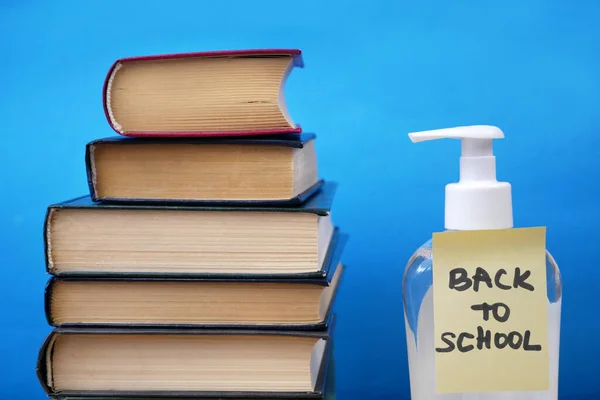 Back School Coronavirus Covid Book Pile Sanitizer Medical Mask Closeup — Stock Photo, Image