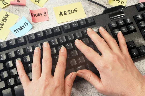 keyboard and software scrum agile paper task, agile software development methodologies concept, closeup