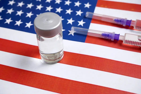 Bandeira Americana Seringas Com Vacina Coronavírus Dinheiro Dinheiro Para Compra — Fotografia de Stock
