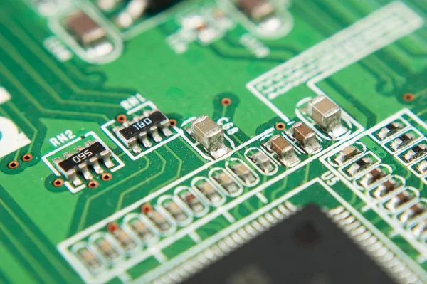 Bilgisayar Çipi Anakart Elektronları Makrosu Olan Fütüristik Devre Kartı — Stok fotoğraf