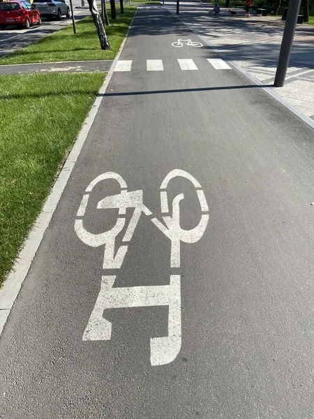 Carril Bici Ciudad Cerca Carretera Coche Ciclista Cruzar Carril Bici — Foto de Stock