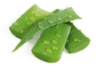 Taze aloe vera yaprakları ve beyaz üzerine su damlaları.