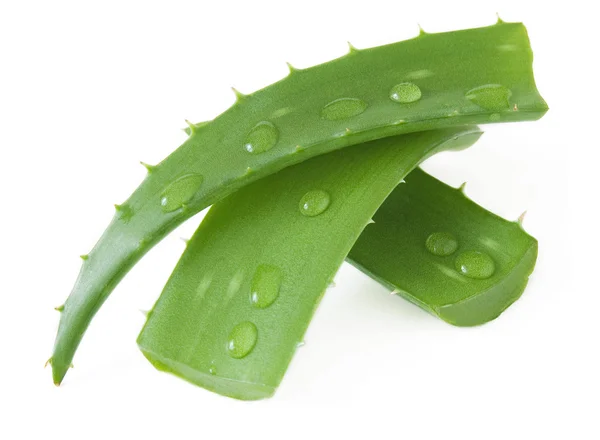 Feuilles fraîches d'aloe vera avec gouttes d'eau isolées sur blanc — Photo