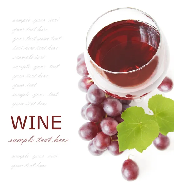 红葡萄酒和葡萄用新鲜的叶子上带有示例文本的白色背景孤立 — 图库照片