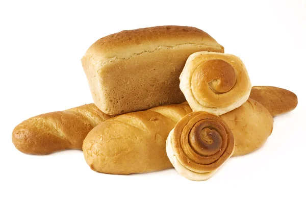 Pão branco e pães isolados em branco — Fotografia de Stock