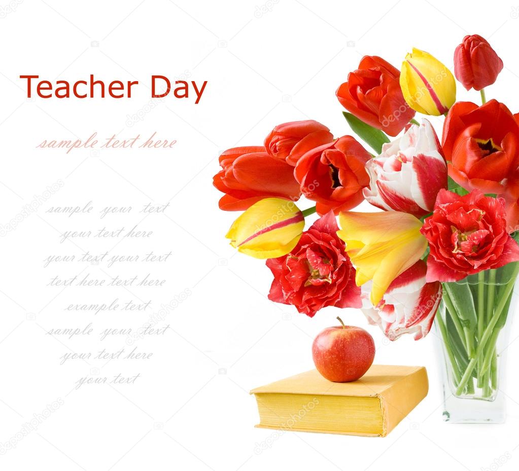 Bouquet of red and yellow tulips with book and apple isolated on white with sample text