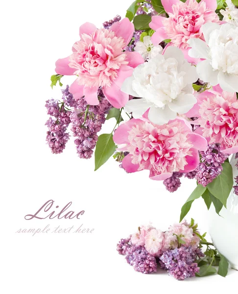 Lilac and peony flowers bunch isolated on white background — Stock Photo, Image