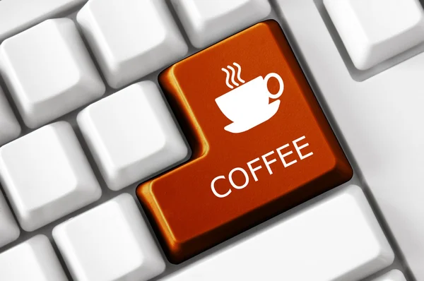 Moderne Tastatur Kaffee Text und Kaffeetasse Symbol. Technologiekonzept — Stockfoto