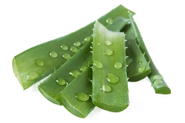 Frische Aloe Vera Blätter mit Wassertropfen isoliert auf weiß — Stockfoto