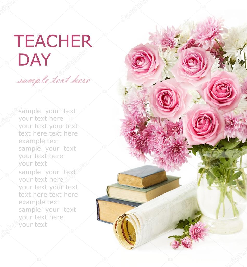 Teacher day (summer flowers bunch with roses, map and books isolated on white)