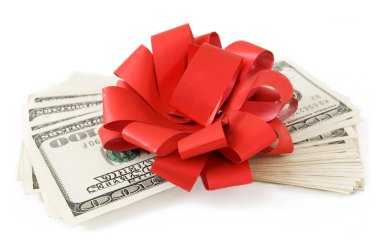 para hediye izole beyaz zemin üzerine kırmızı yay ile dolar (büyük yığın)