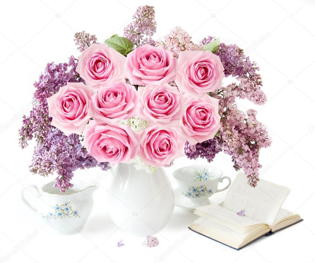 Teacher day (flowers bunch with roses and lilac, map and books isolated on white)