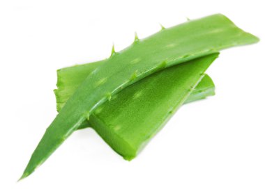 Taze aloe vera yaprakları ve beyaz üzerine su damlaları.