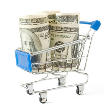 Alışveriş sepeti (dolar, euro ve altın) para dolu beyaz izole. Çoklu Döviz sepeti kavramı