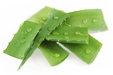 Beyaz arka plan üzerinde izole su damlaları ile aloe vera yaprağı