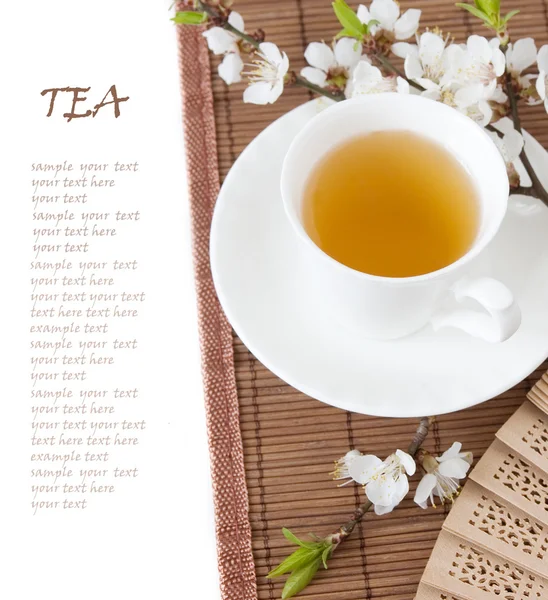 Herbal tea (tea breakfast with kettle, cup and blossom flowers on bamboo mat isolated on white with sample text ) — Stock Photo, Image