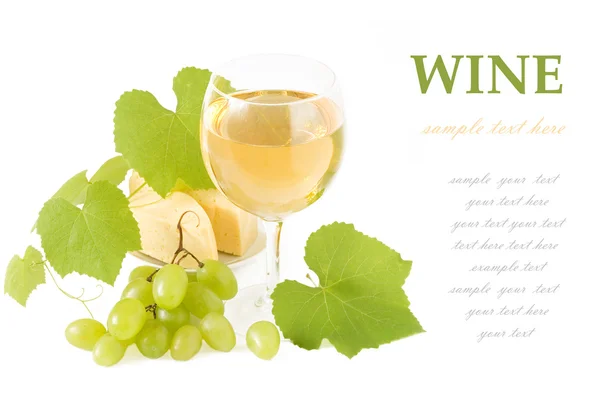 White wine, grapes leaves and grapes berries isolated on white with sample text — Stock Photo, Image