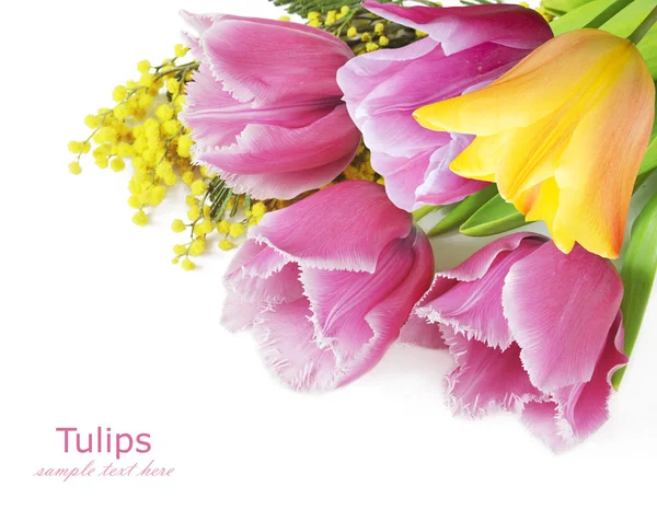 Tulpenstrauß mit roten und gelben Blumen isoliert auf weißem Hintergrund — Stockfoto