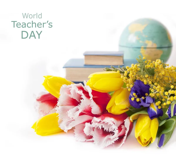 Teacher day (summer flowers bunch with roses and tulips, map and books isolated on white)