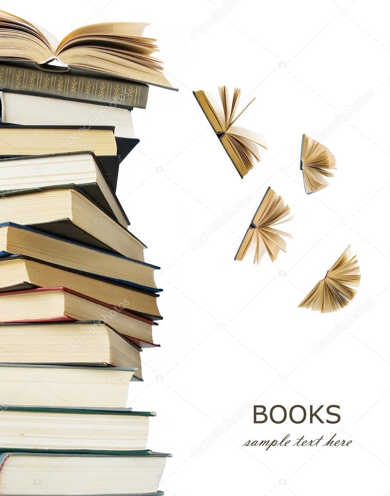 Book pile with open books flying away isolated on white background. Education concept