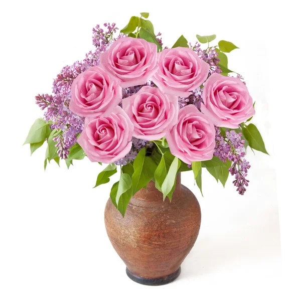 Lilac and roses bunch in vase isolated on white background — Stock Photo, Image