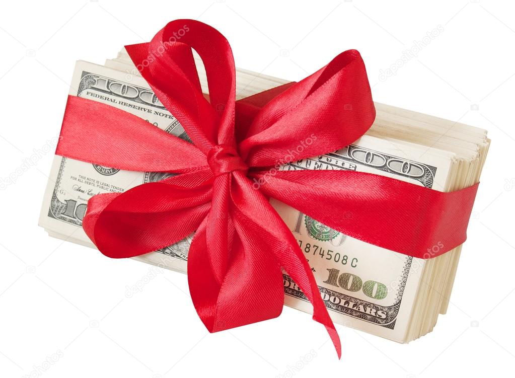 Money gift. Money bonus. Stack with money with red bow isolated on white background with sample text