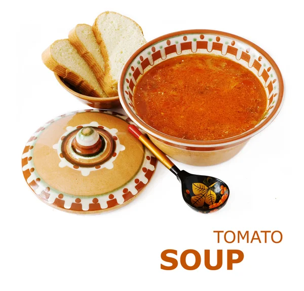 Tomato soup with pieces of bread and spoon isolated on white with sample text — Stock Photo, Image