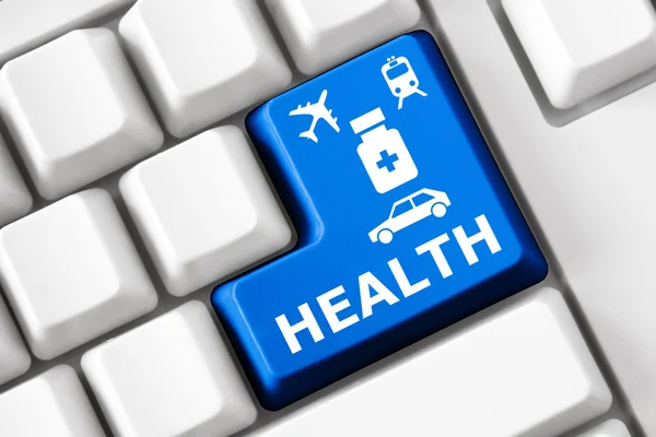 Inteligentní klávesnice a barevné tlačítko s obrázkem lékařství. Koncepce zdravotnictví. — Stock fotografie