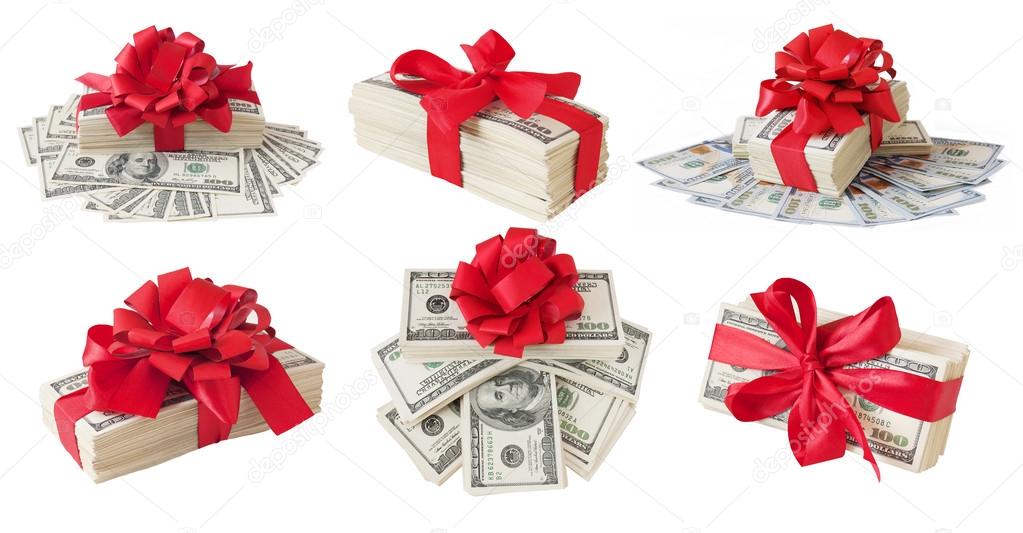 Money gift. Money bonus. Stack with money with red bow isolated on white background with sample text. Set