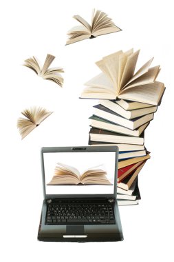 Kitap yığını ve beyaz arka plan üzerinde izole dizüstü için uçan kitap. Eğitim kavramı
