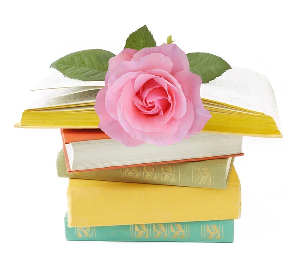 Old book pile with rose isolated on white background. Teacher's day concept — Stock Photo, Image