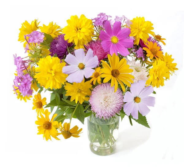 Summer flowers bunch in vase isolated on white background — Stock Photo, Image