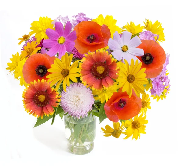 Summer flowers bunch in vase isolated on white background — Stock Photo, Image