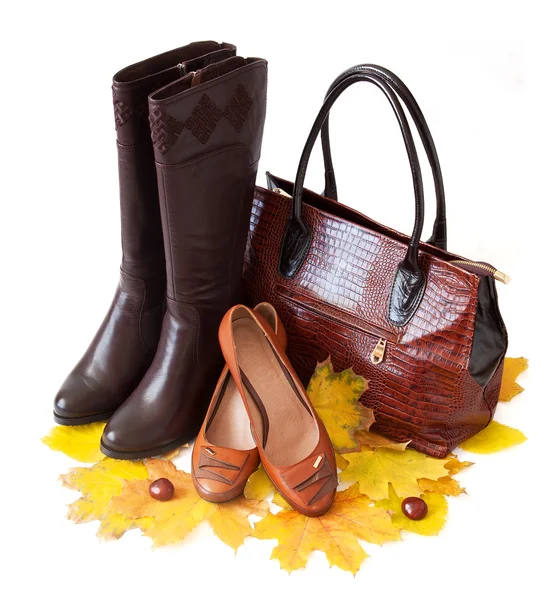 革製の高級女性のハンドバッグと紅葉と白い背景で隔離の靴。秋のセールス ・ コンセプト — ストック写真