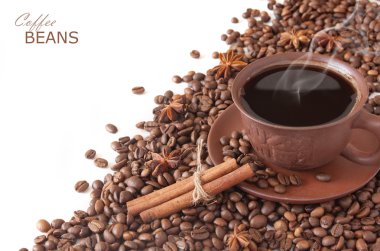 Kahve çekirdekleri ile beyaz arka plan üzerinde izole baharat ve kahve Kupası