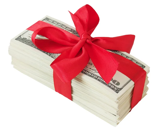 Money gift. Money bonus. Stack with money with red bow