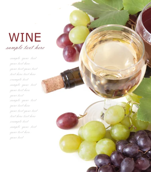 Wine glasses with red and white wine, grapes, leaves and bottle isolated on white background