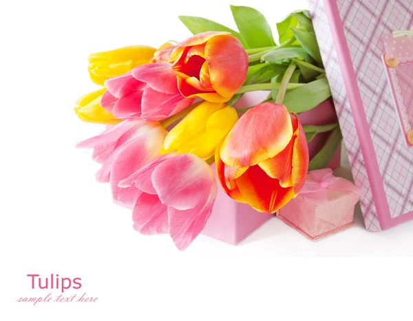 Rote, rosa und gelbe Tulpensträuße isoliert auf weißem Hintergrund mit Beispieltext — Stockfoto