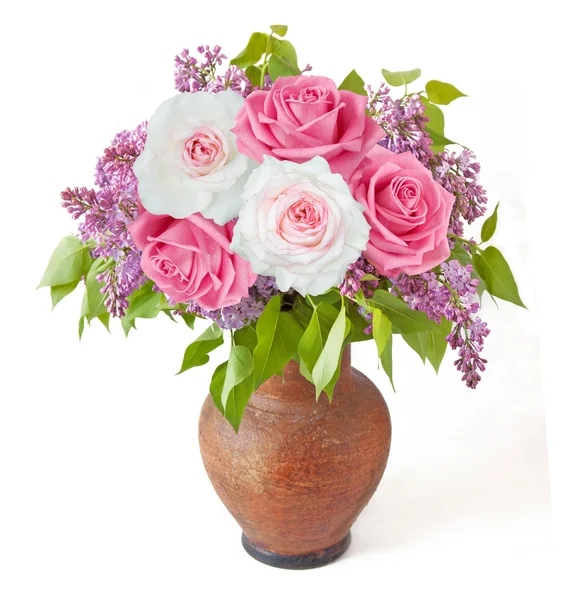 Lilac, sakura and roses bouquet isolated on white background — Stock Photo, Image