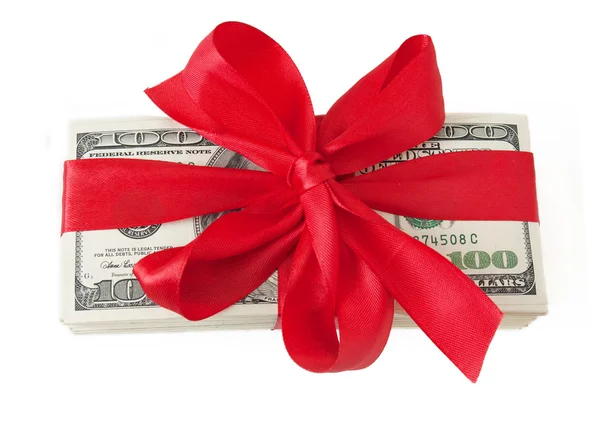 Dollar Bills Red Gift Bow Isolated White Background — Stockfoto