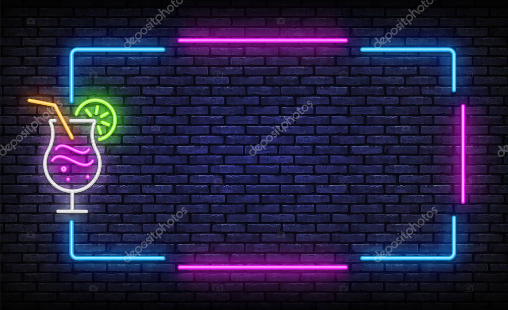 Cocktail neon frames in line art style on pink background. Bright summer poster. Neon vector sign. Summer party. Vector background.