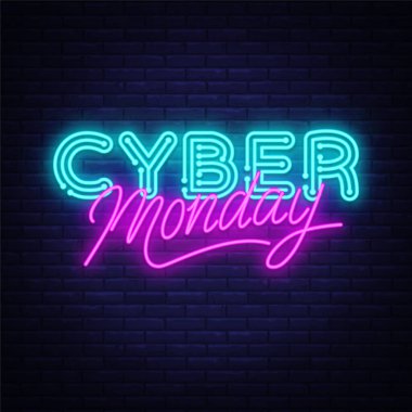 Siyah tuğla duvarda mavi ve pembe renkli siber pazartesi tabelası. Online satış için cesur ve minimal tasarım. Vektör illüstrasyonu.