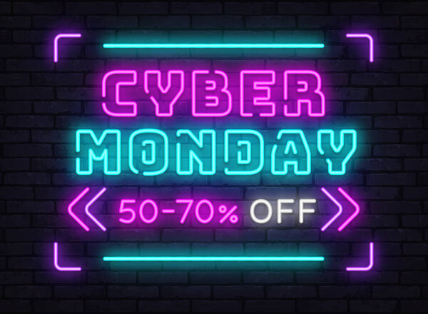 Футуристическая неоновая вывеска, объявляющая Киберпонедельник, с большими перламутровыми буквами и деталями скидок, идеально подходит для цифровой рекламы покупок. Векторная иллюстрация