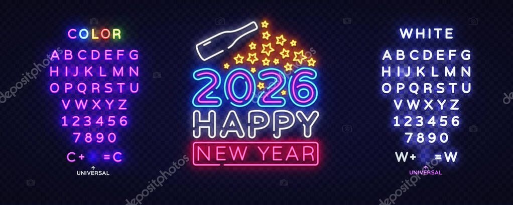 Neon Happy New Year 2026 with glowing bottle and star burst. Includes bright color and white character sets for universal editable design. Vector illustration.
